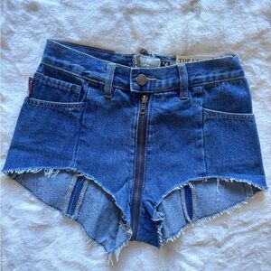 Blue High-Waisted Jean Shorts with Frayed Hem